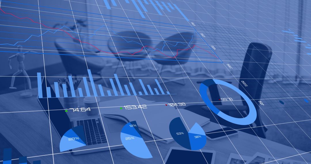 Office Desk with Overlaid Business Data Analyzing Financial Trends