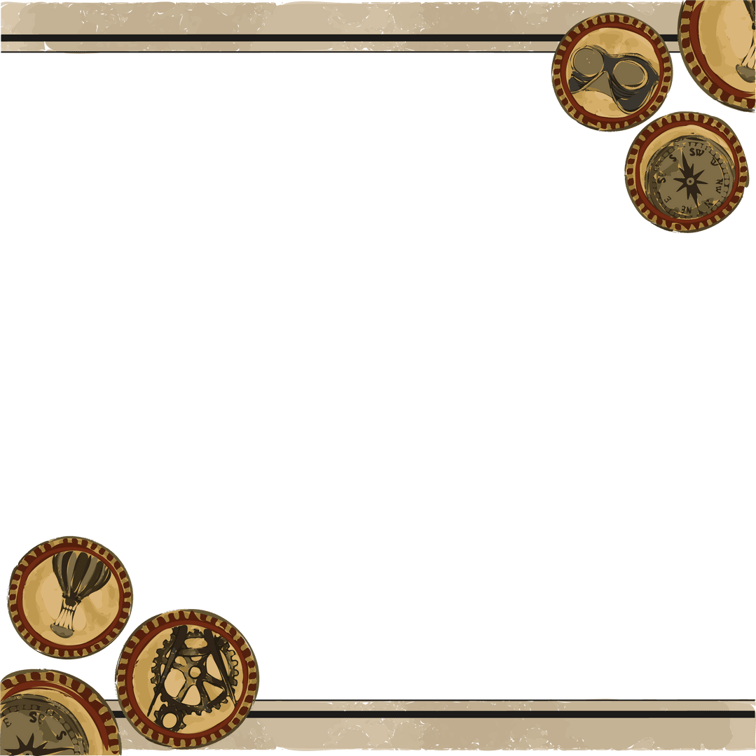 Steampunk Themed Vintage Border with Medallions on Transparent Background