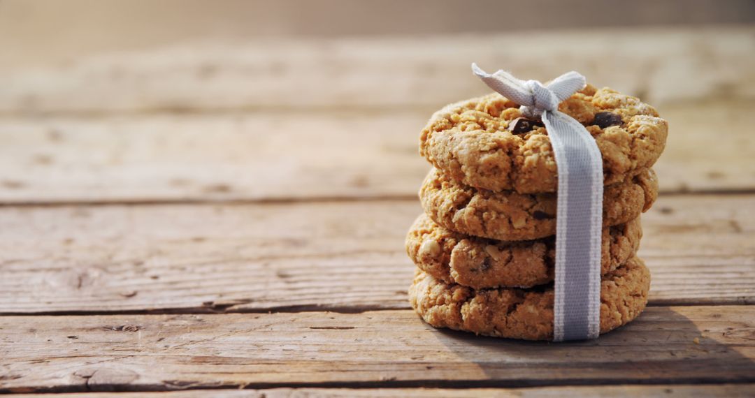 Stack of Homemade Oatmeal Cookies Tied with Ribbon on Rustic Wooden Table - Free Images, Stock Photos and Pictures on Pikwizard.com