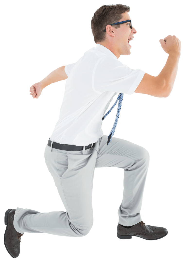 Transparent Joyful Businessman Running Mid Air Celebration