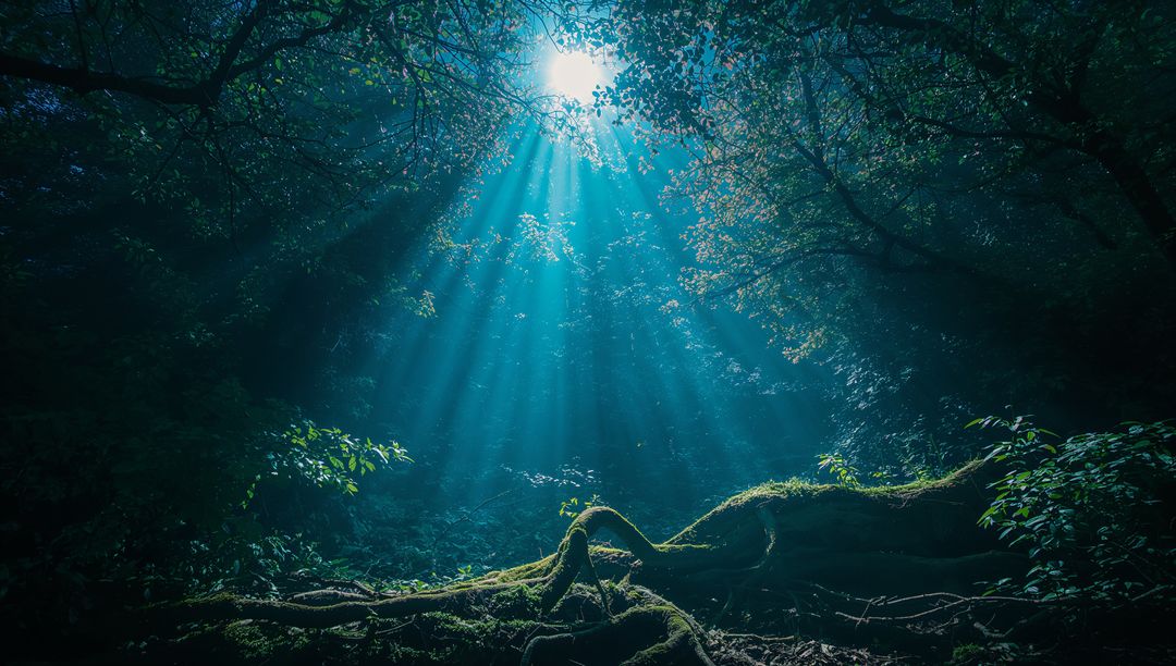 Sunbeams Illuminating Mossy Forest Clearing with Tranquil Ambiance