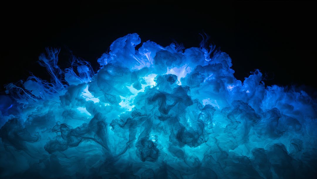 Luminous Blue Ink Plume Rising with Turbulent Teal Glow and Filaments