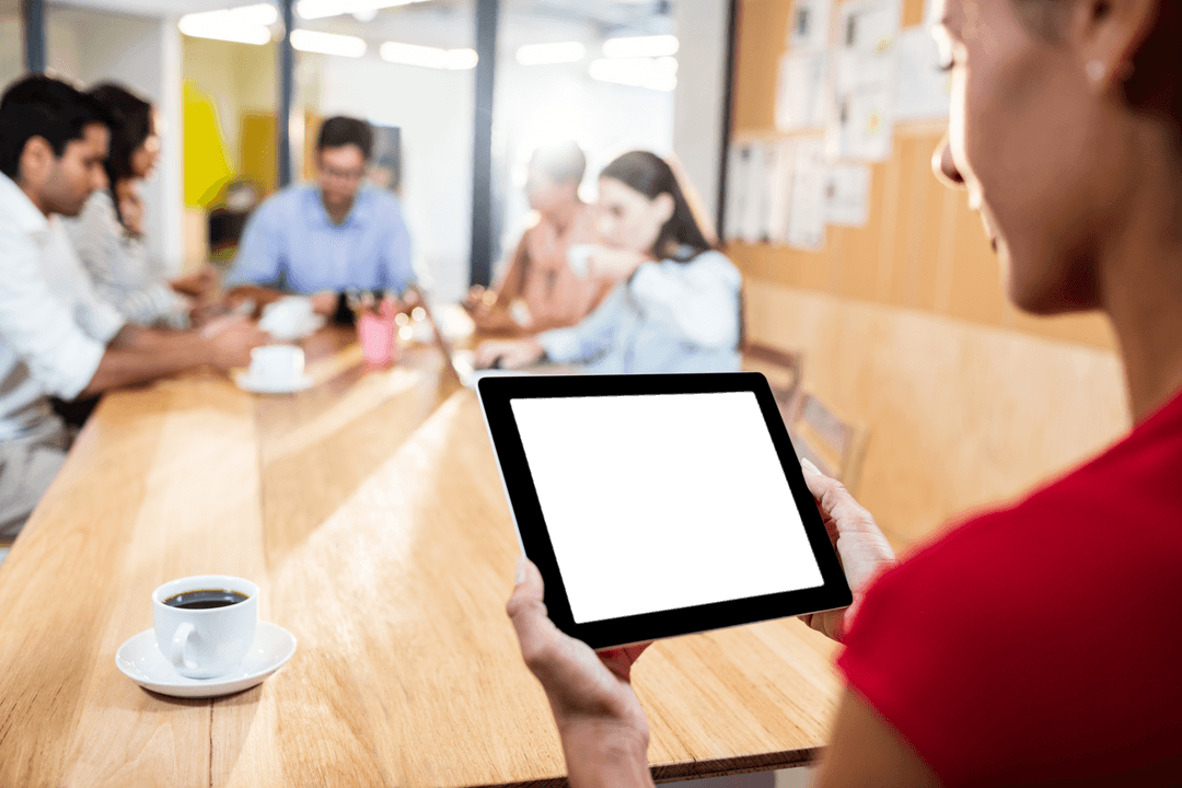 Team Meeting with Digital Tablet and Transparent Screen