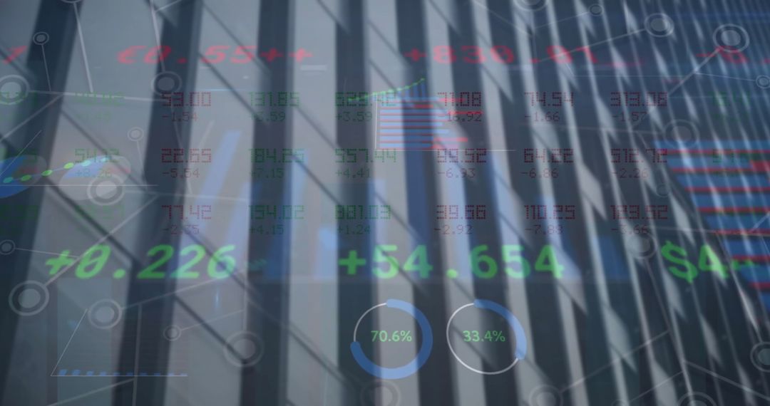 Financial Data Processing Overlay on Cityscape for Global Business Concept