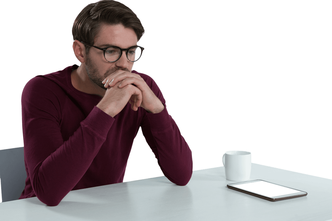 Transparent Man Sitting Thoughtfully at Desk in Profile View