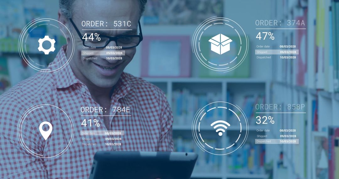 Man Analyzing Digital Orders on Tablet in Modern Library