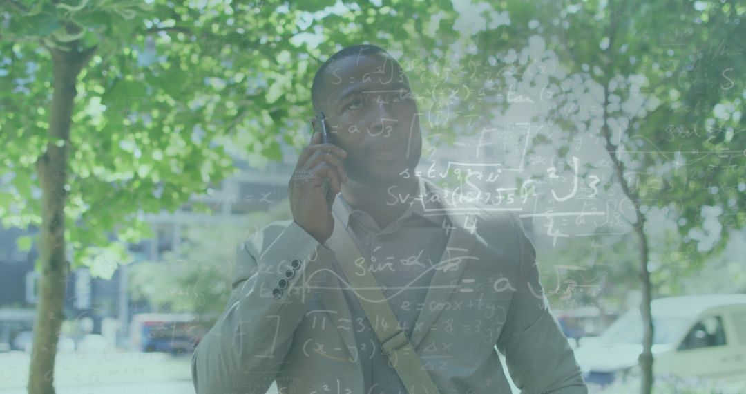 Business Executive Conversing Amidst Urban Greenery with Mathematical Elements