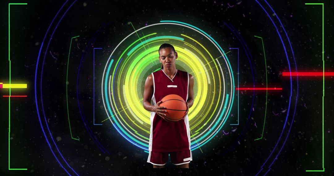 Dynamic African American Female Basketball Player with Digital Elements