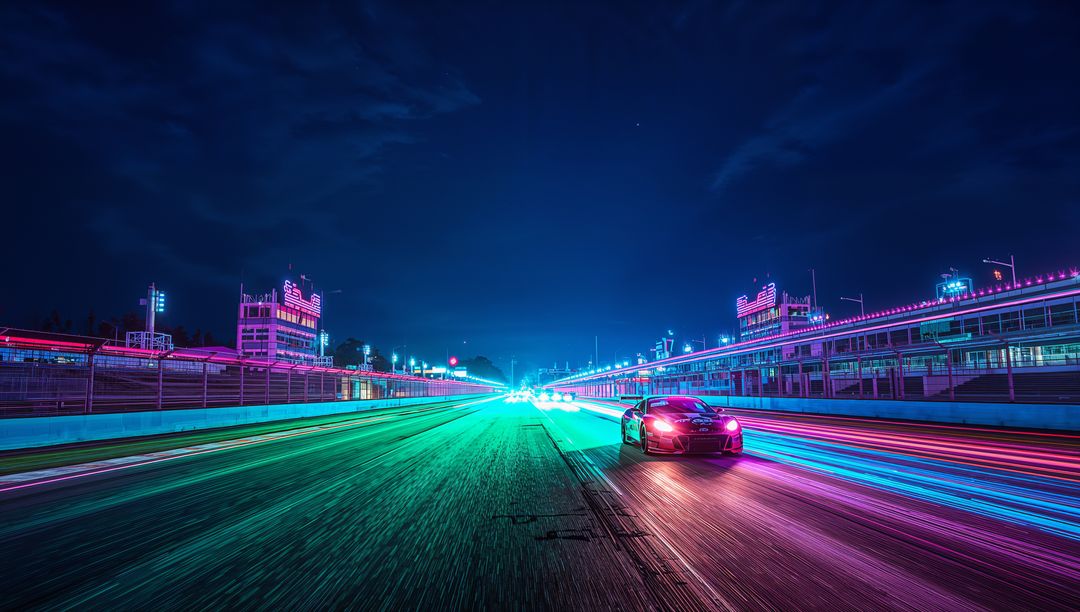 Neon-Streaked Sports Car on Night Race Track