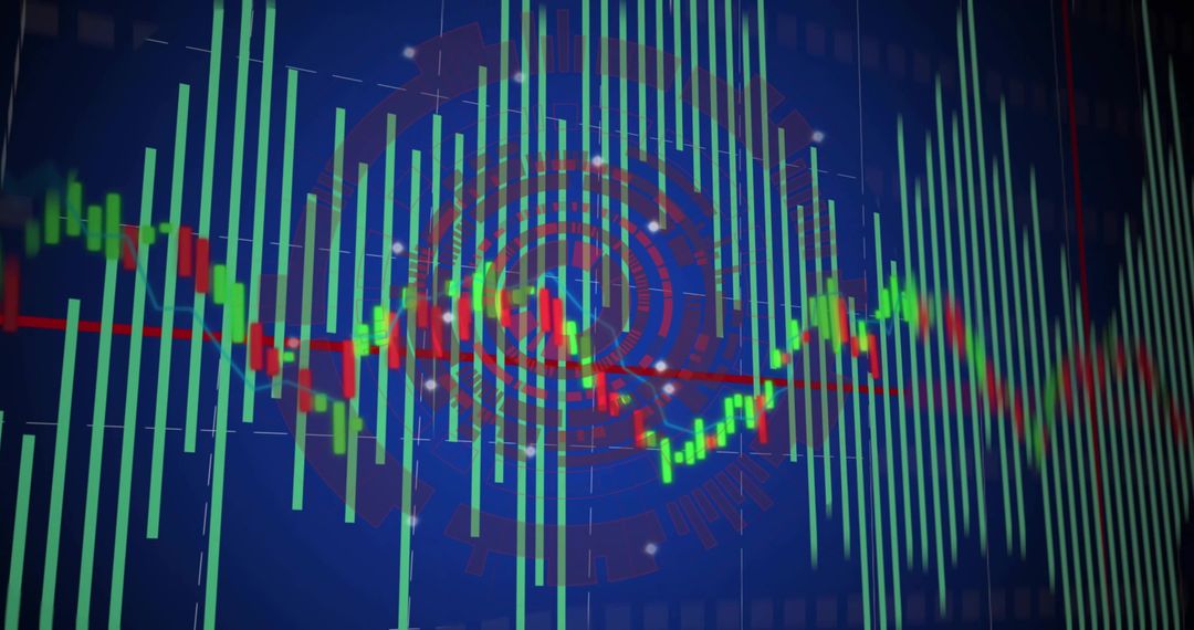 Market dashboard visualizing neon candlesticks, histogram bars and HUD rings for trading