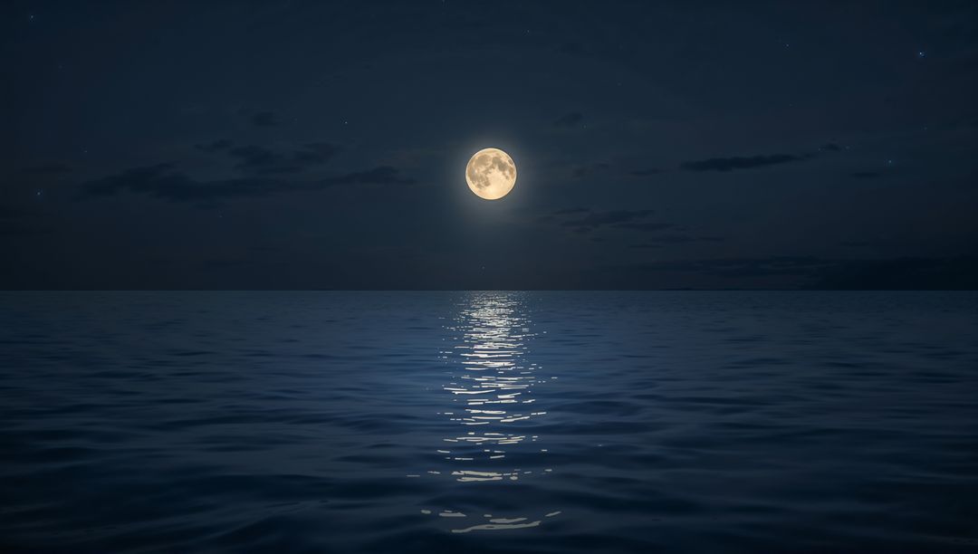 Full Moon Over Calm Ocean Casting Long Moonlight Reflection on Dark Blue Seascape