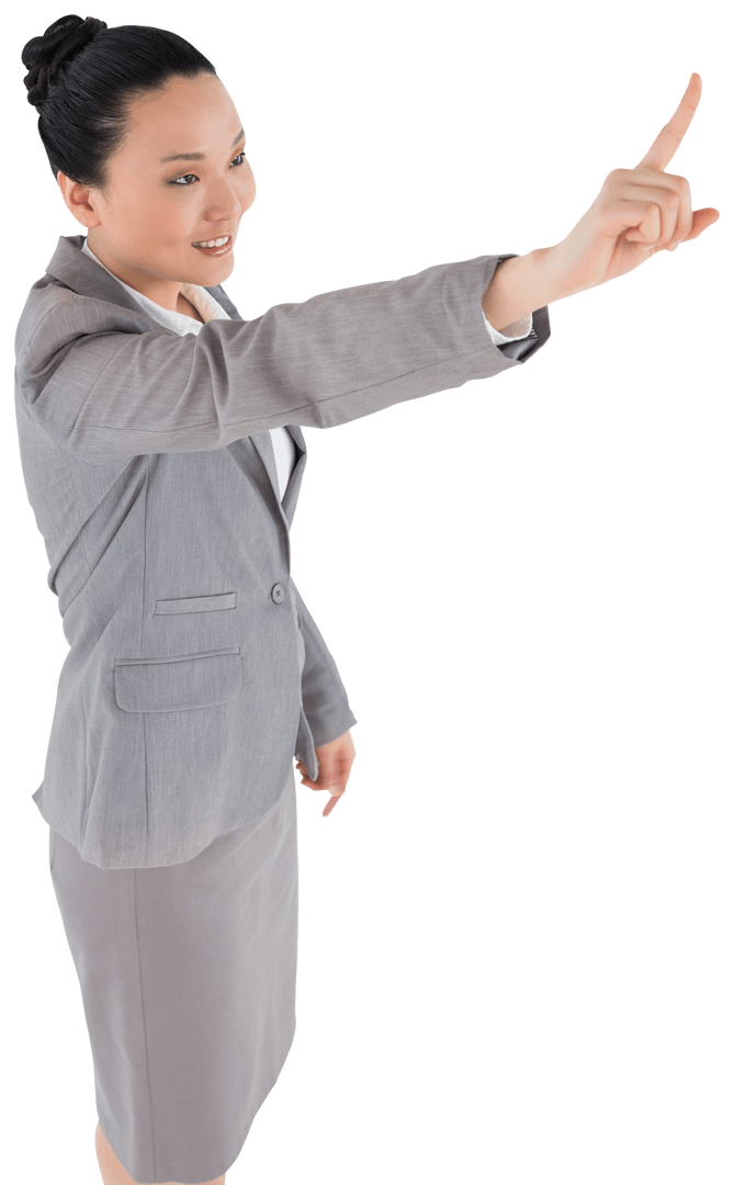 Smiling Asian Businesswoman Using Virtual Interface on Transparent Background