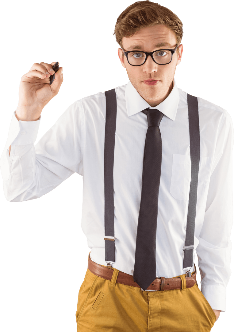 Transparent Geeky Businessman in Suspenders Holding Marker for Creativity Concept