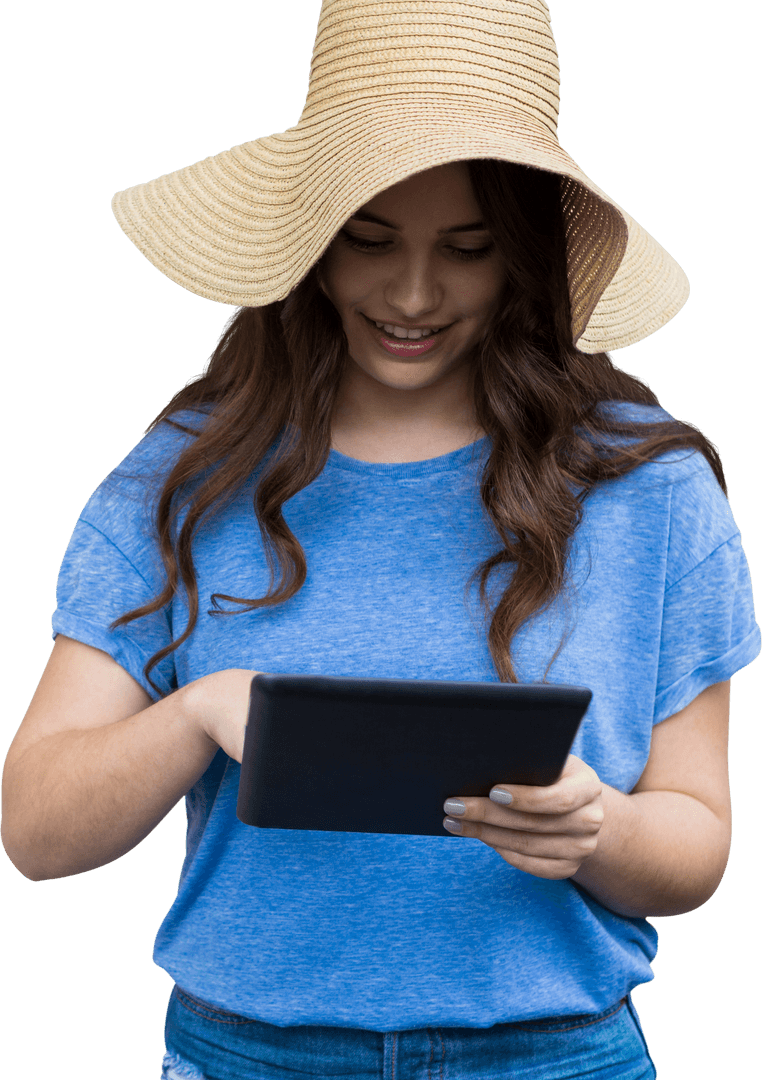 Transparent Image of Woman Using Tablet with Joyful Expression