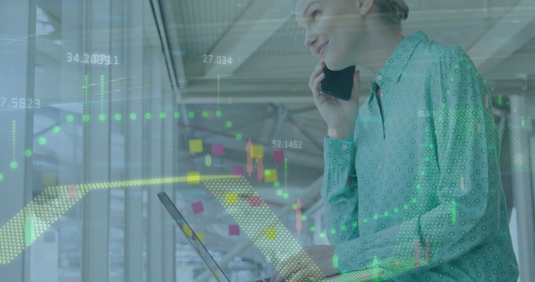 Businesswoman Analyzing Data with Technological Graphics Overlay