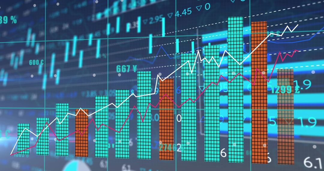 Digital trading dashboard showing rising bar chart and trend lines for investment analysis