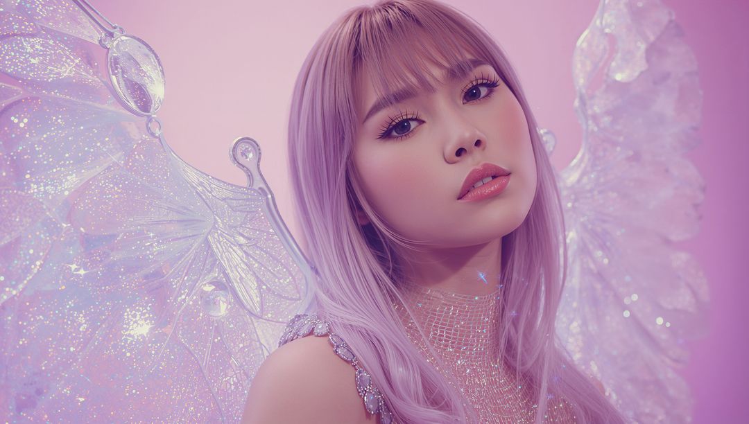 Lavender-Haired Model with Fairy Wings in Dreamy Studio Shoot