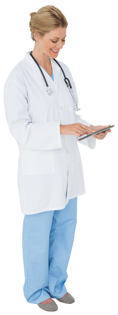Transparent Caucasian Female Doctor with Tablet in Medical Attire