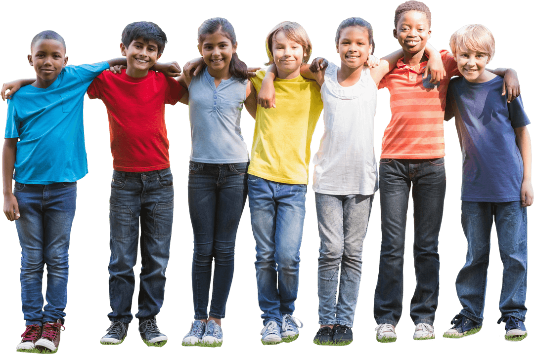 Diverse Group of Happy Children Posing in Park, Transparent Background