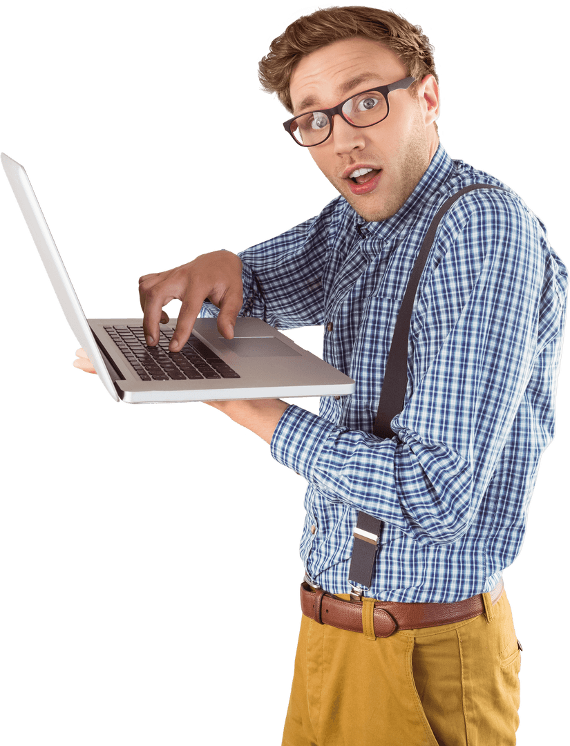 Surprised Man in Suspender Holding Laptop on Transparent Background