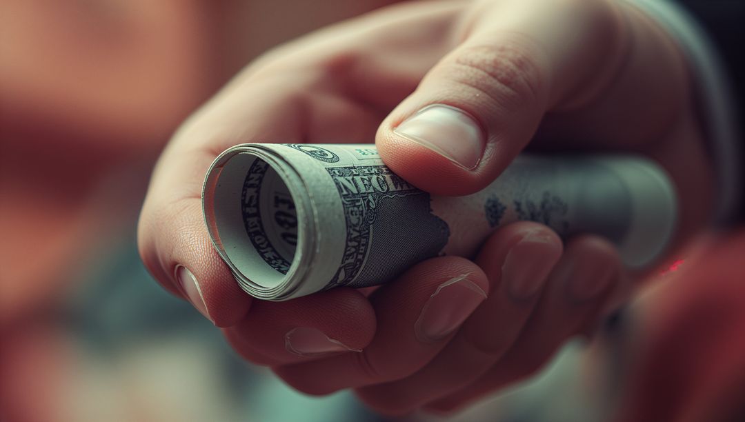 Hand Holding Rolled US Dollar Bill in Close-Up