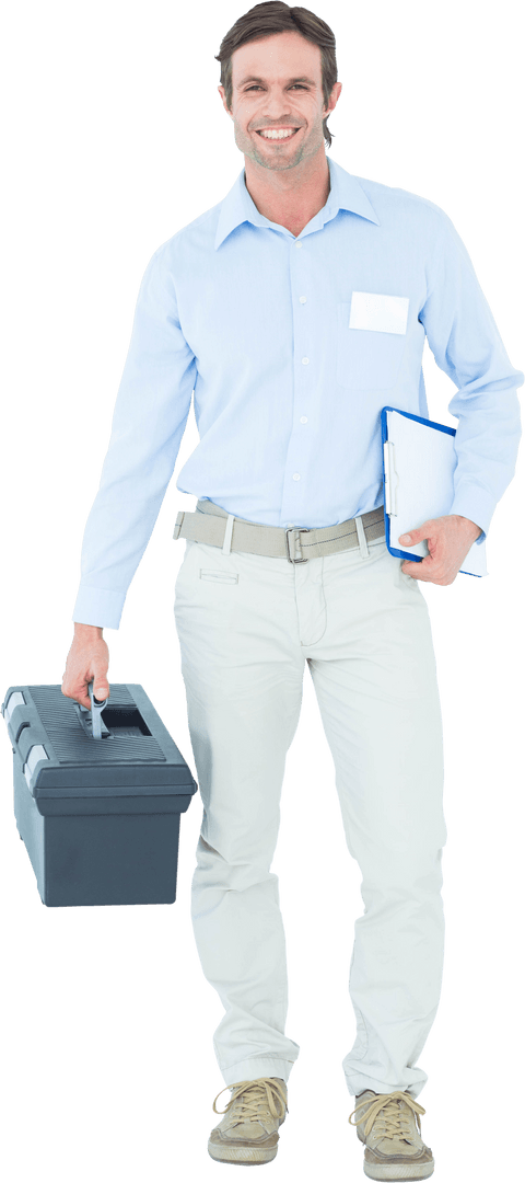 Transparent Smiling Supervisor Holding Toolbox and Clipboard