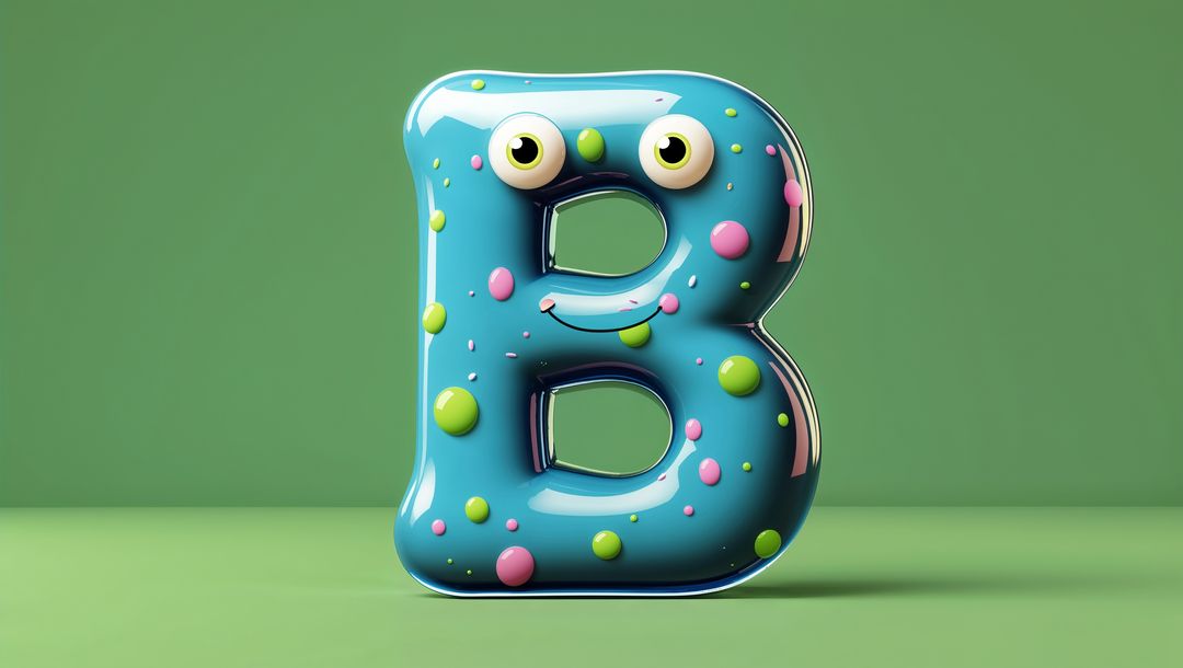 Playful 3D Glossy Letter B on Green Background with Eyes
