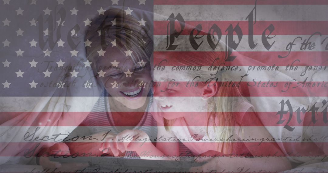 Patriotic Bonding Moment with Flag and Constitution Overlay