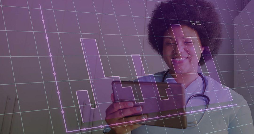 Nurse Analyzing Data with Innovative 3D Bar Chart Overlay