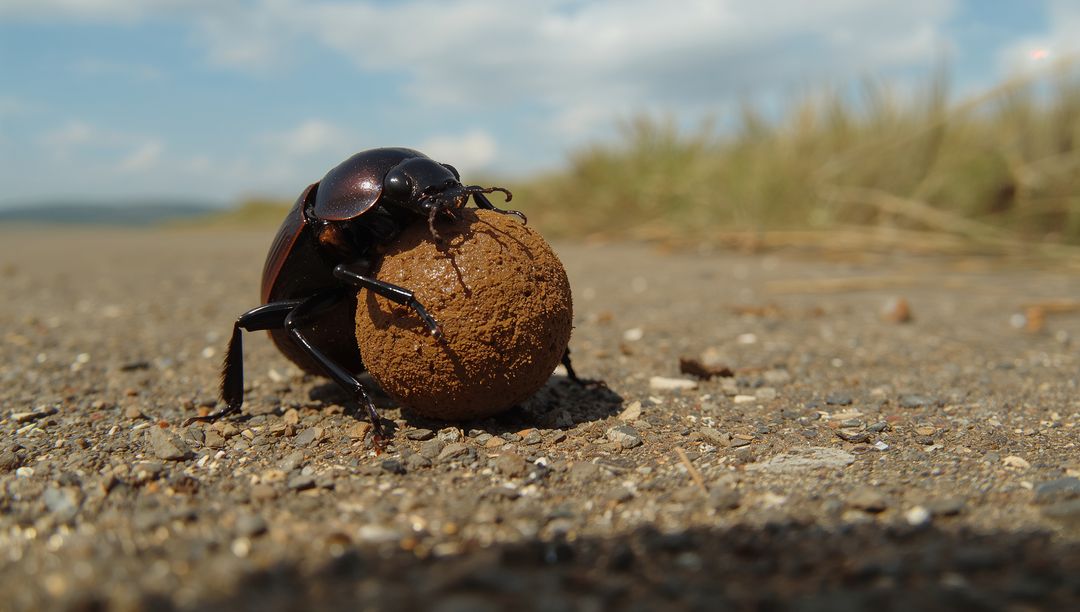Glossy Scarab Beetle Rolling Dung Ball across Sandy Dune Path Closeup Macro Detail