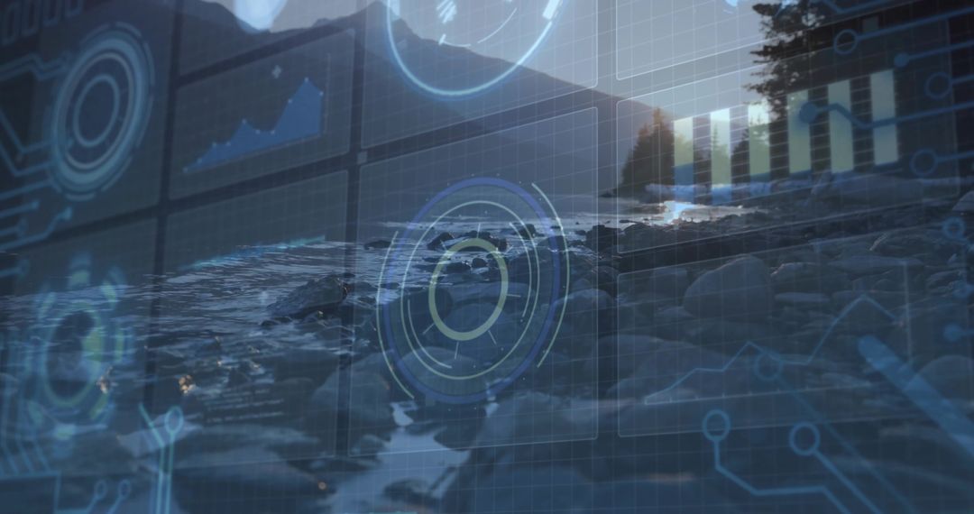 Futuristic Interface Overlaid on Scenic Sunset Shoreline