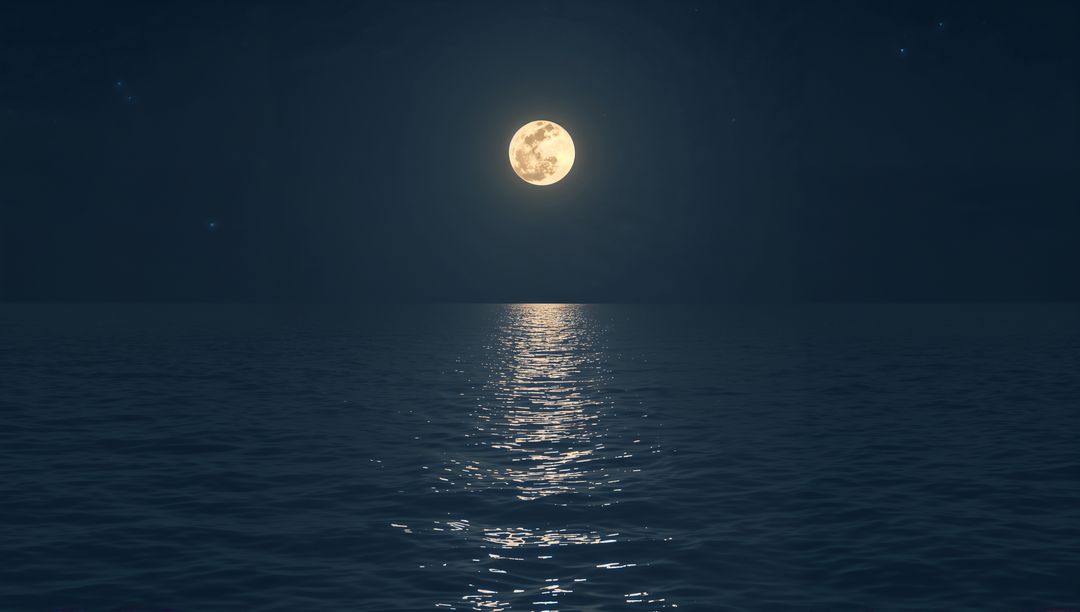 Full moon glowing over calm ocean with shimmering moonlight reflection and stars