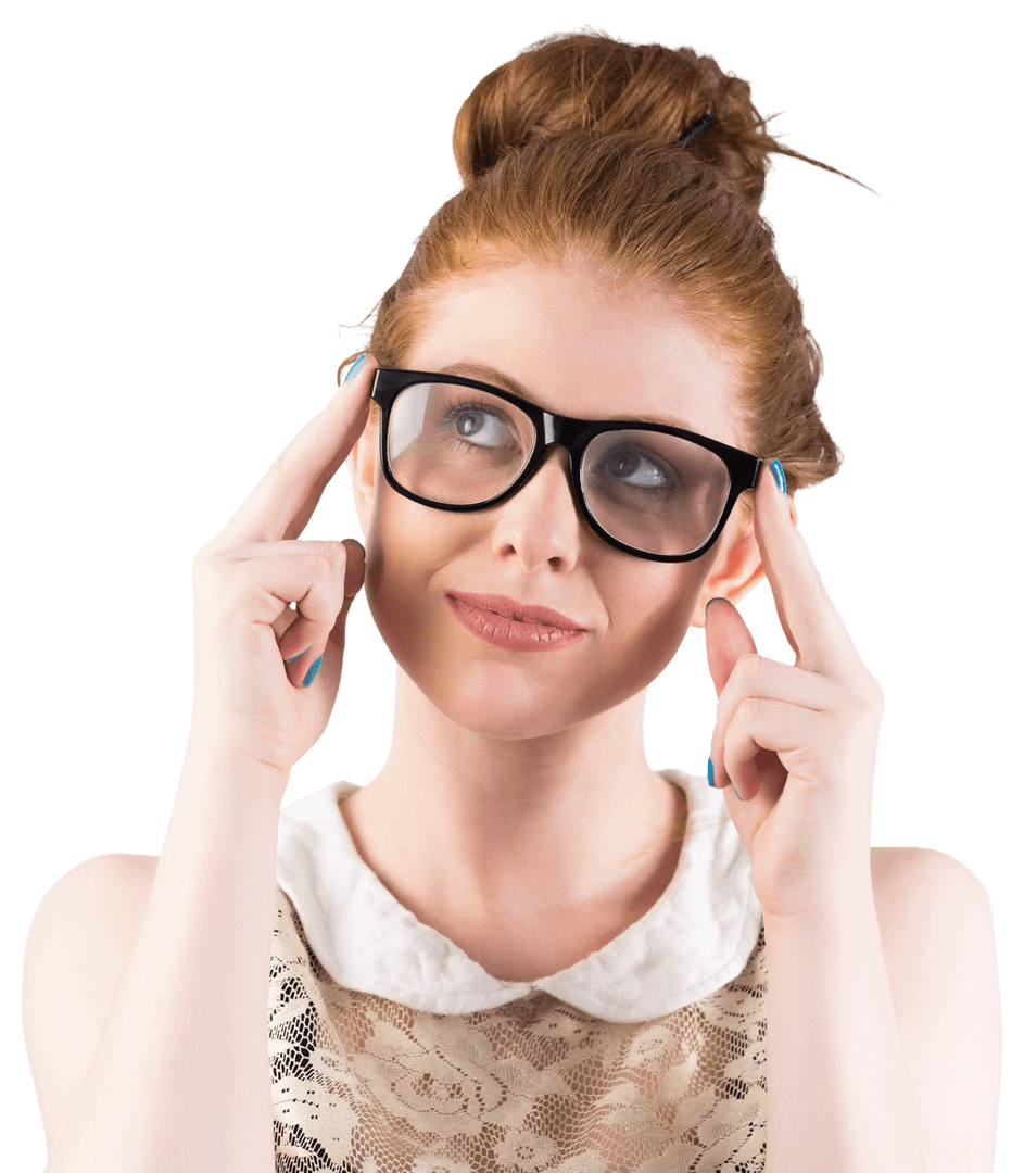Thoughtful Redhead in Glasses Thinking Transparently