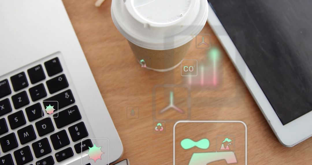 Eco-friendly Workspace with Floating Eco Icons on Coffee Cup