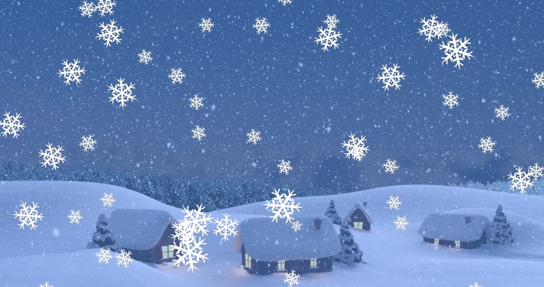 Snowflakes Falling Over Serene Winter Landscape with Cozy Chalets - Free Images, Stock Photos and Pictures on Pikwizard.com