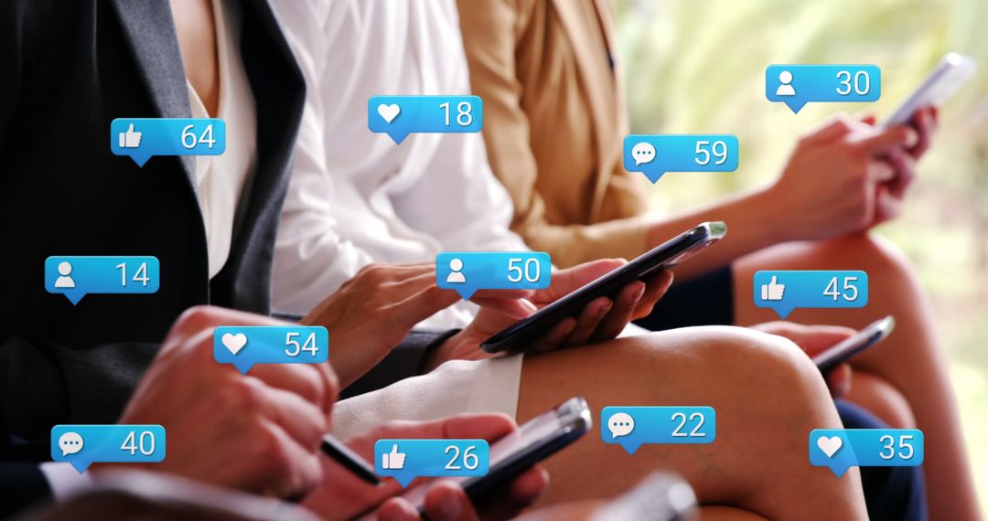 People Using Smartphones with Social Media Interaction Symbols