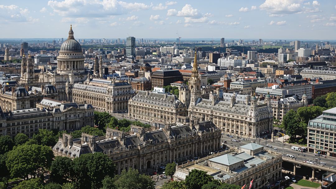 Aerial view of british empire st paul's cathedral in london skyline on sunny day