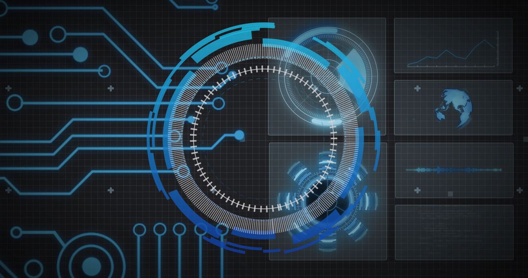 Futuristic digital interface with data circuits and hud elements