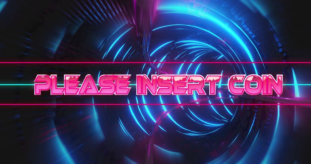 Neon Please Insert Coin Text Amidst Futuristic Light Tunnel