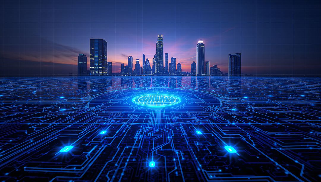 Neon Circuitry Cityscape at Dusk