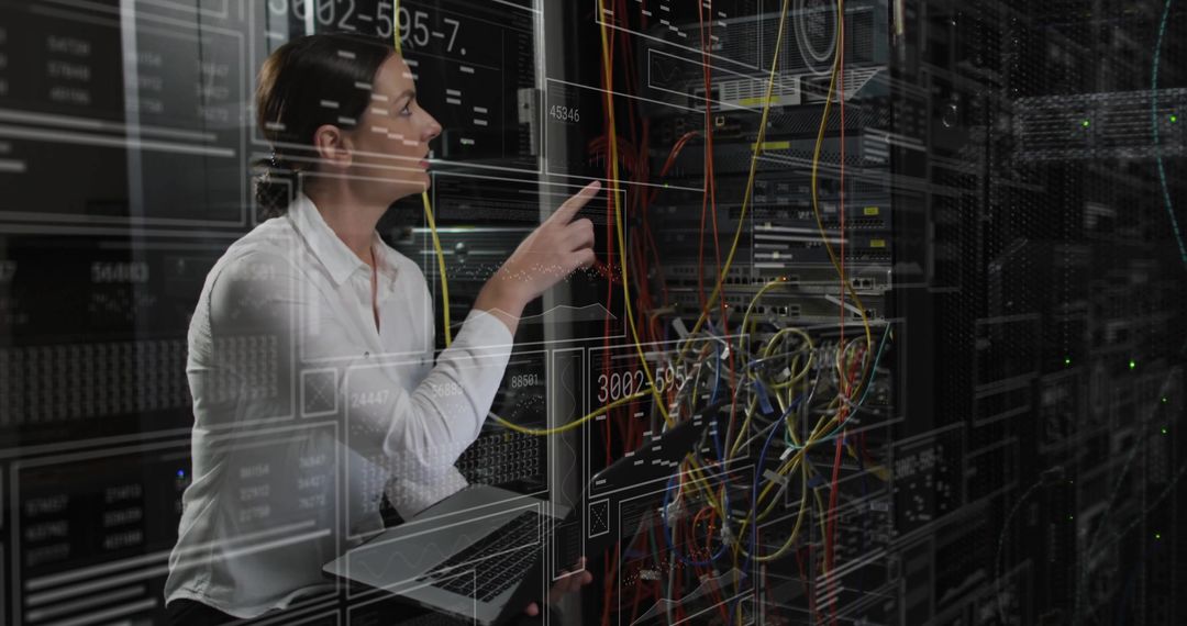 Female IT Technician Working in Modern Server Farm