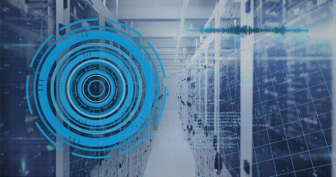 Futuristic Data Center Cybersecurity Concept with Digital Overlays