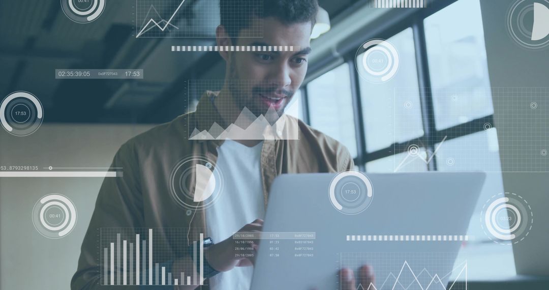 Tech Professional Analyzing Data with Transparent Overlays in Modern Office