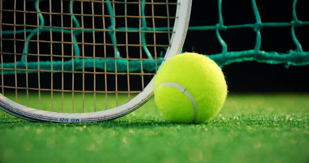 Close-Up of Tennis Racket and Ball on Green Court Surface - Free Images, Stock Photos and Pictures on Pikwizard.com