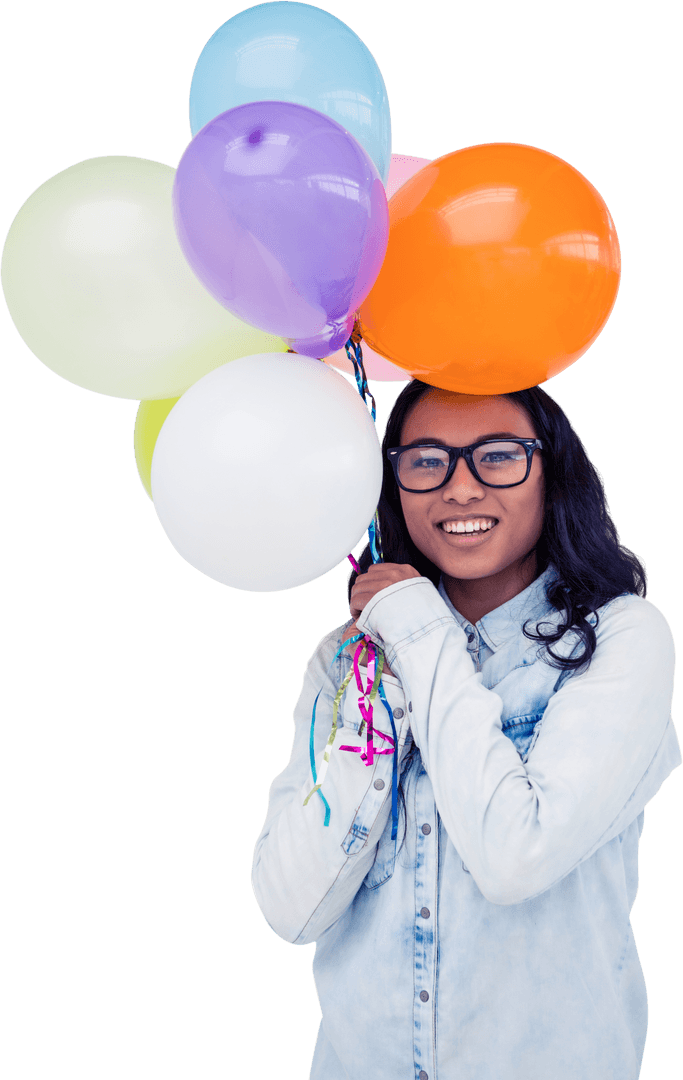 Asian Woman Holding Colorful Balloons on Transparent Background