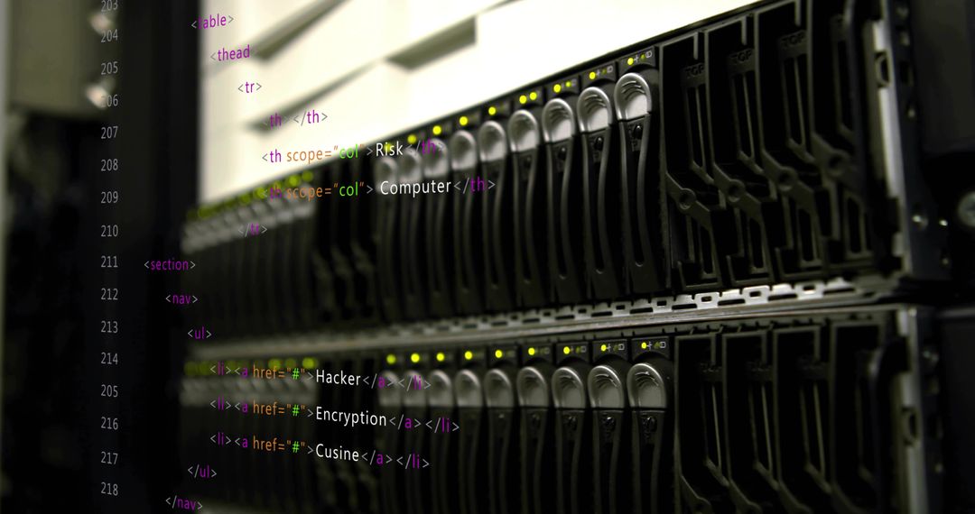Server Rack with HTML Code Overlay in Data Center