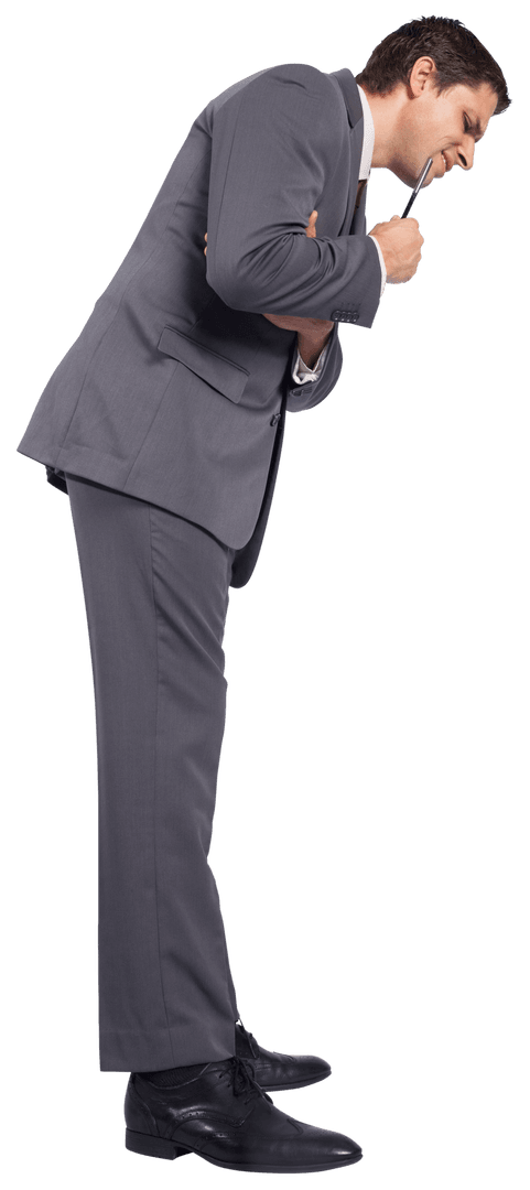 Thoughtful Businessman with Conventional Suit Holding Pen on Transparent Background