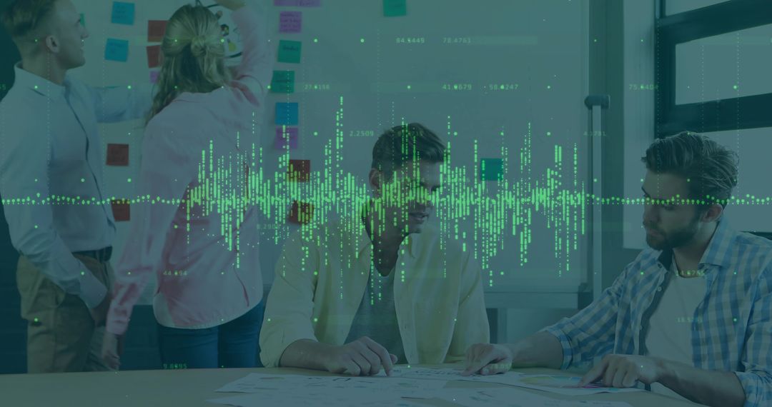 Team Collaborating in Meeting Room with Soundwave Overlay