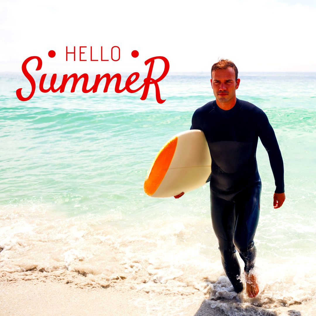 Surfer Walking with Surfboard at Beach with Summer Greeting