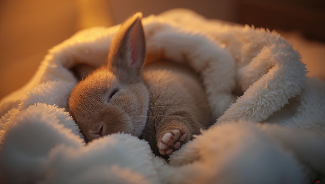 Sleeping baby rabbit nestling in plush cream blanket with warm golden glow and soft paw